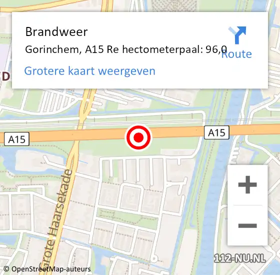 Locatie op kaart van de 112 melding: Brandweer Gorinchem, A15 Re hectometerpaal: 96,0 op 25 mei 2018 05:32