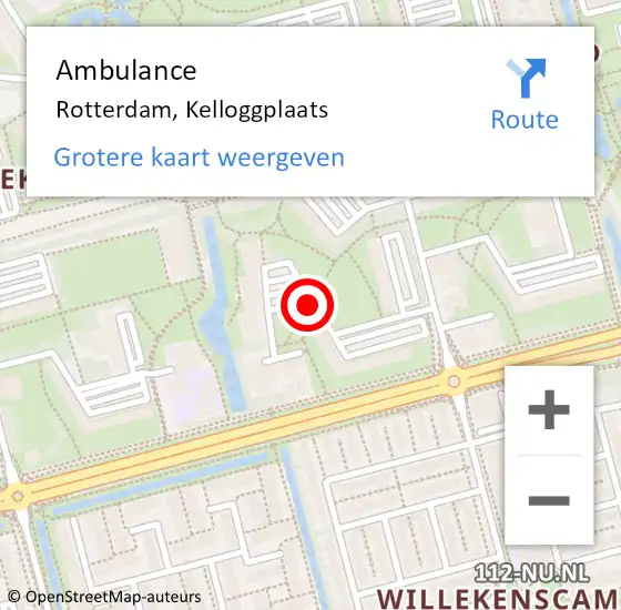 Locatie op kaart van de 112 melding: Ambulance Rotterdam, Kelloggplaats op 25 mei 2018 10:08