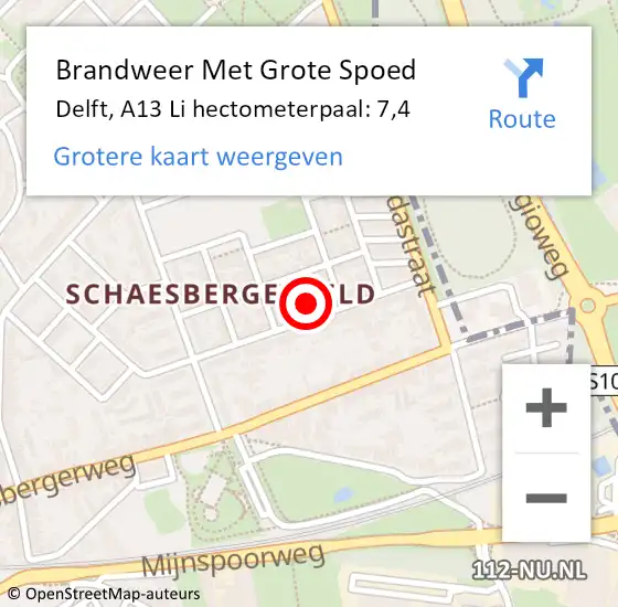 Locatie op kaart van de 112 melding: Brandweer Met Grote Spoed Naar Delft, A13 Li hectometerpaal: 7,4 op 25 mei 2018 14:47