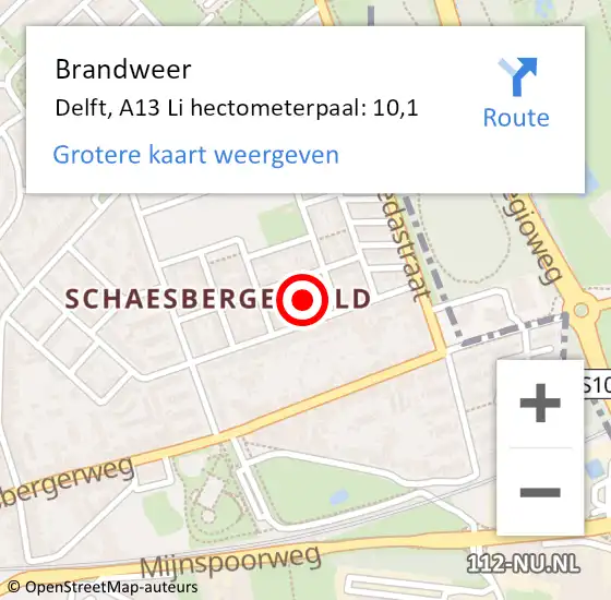Locatie op kaart van de 112 melding: Brandweer Delft, A13 Li hectometerpaal: 10,7 op 26 mei 2018 15:49