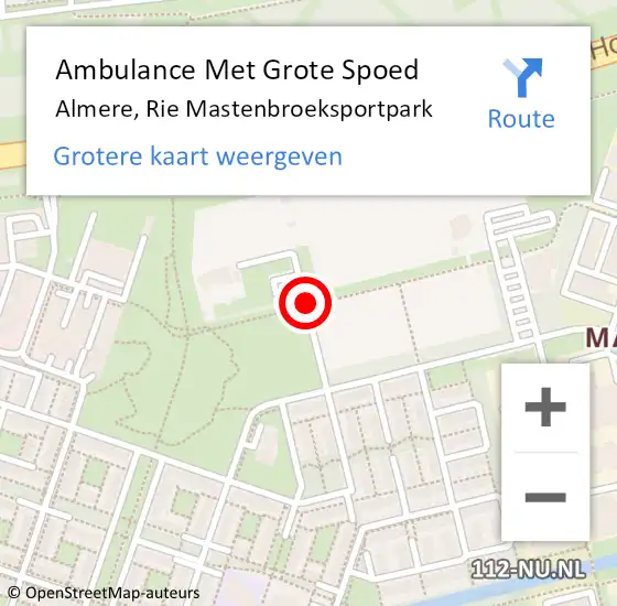 Locatie op kaart van de 112 melding: Ambulance Met Grote Spoed Naar Almere, Rie Mastenbroeksportpark op 27 mei 2018 18:52