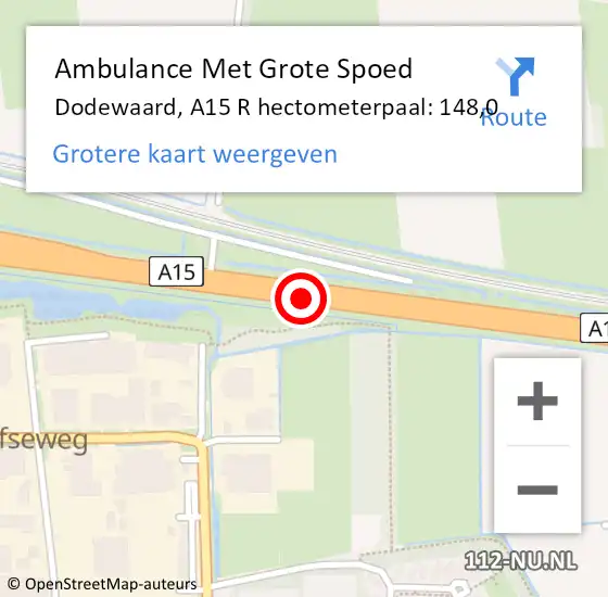 Locatie op kaart van de 112 melding: Ambulance Met Grote Spoed Naar Dodewaard, A15 R hectometerpaal: 148,0 op 28 mei 2018 01:51