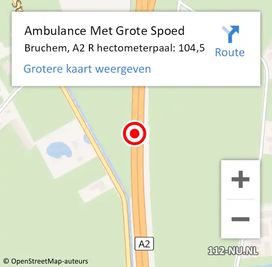 Locatie op kaart van de 112 melding: Ambulance Met Grote Spoed Naar Bruchem, A2 R hectometerpaal: 104,0 op 28 mei 2018 04:08