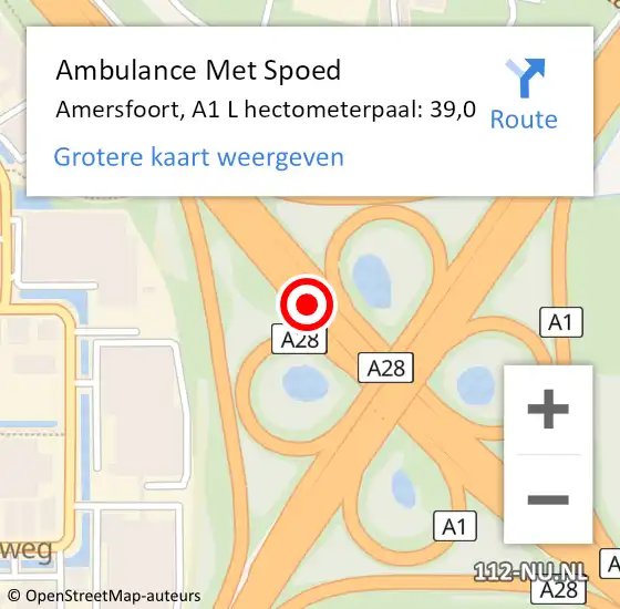 Locatie op kaart van de 112 melding: Ambulance Met Spoed Naar Amersfoort, A1 L hectometerpaal: 39,0 op 28 mei 2018 12:30