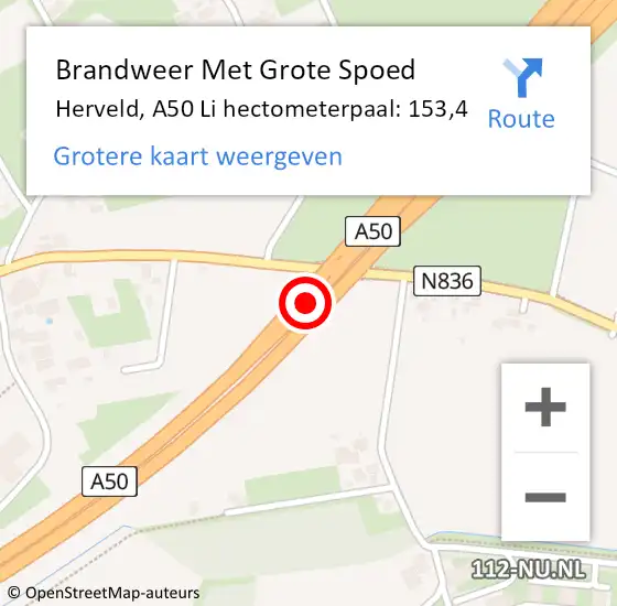 Locatie op kaart van de 112 melding: Brandweer Met Grote Spoed Naar Herveld, A50 Li hectometerpaal: 153,4 op 28 mei 2018 13:22