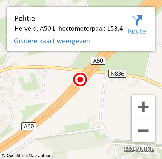 Locatie op kaart van de 112 melding: Politie Herveld, A50 Li op 28 mei 2018 13:23