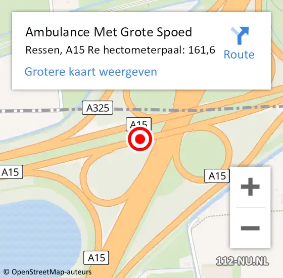 Locatie op kaart van de 112 melding: Ambulance Met Grote Spoed Naar Ressen, A15 Re hectometerpaal: 161,6 op 29 mei 2018 08:53