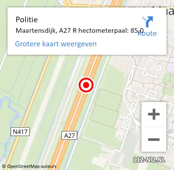Locatie op kaart van de 112 melding: Politie Maartensdijk, A27 L hectometerpaal: 88,1 op 31 mei 2018 09:25