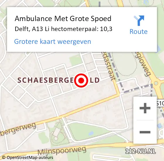 Locatie op kaart van de 112 melding: Ambulance Met Grote Spoed Naar Delft, A13 Li hectometerpaal: 10,1 op 31 mei 2018 12:11