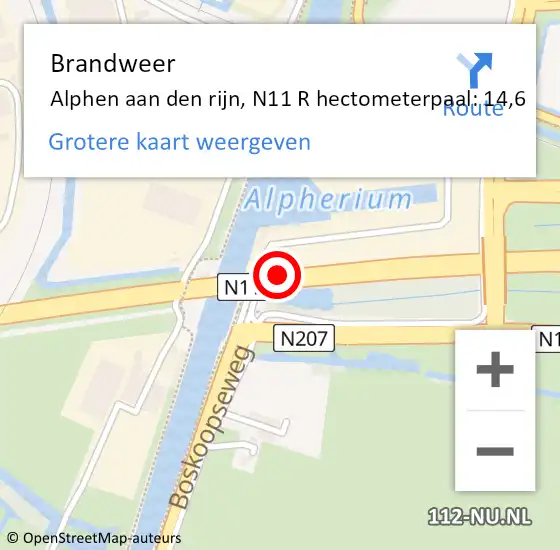Locatie op kaart van de 112 melding: Brandweer Alphen, N11 R hectometerpaal: 13,2 op 31 mei 2018 14:39