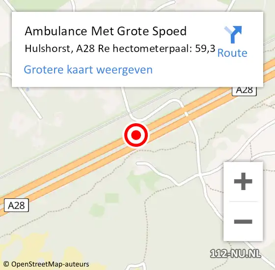 Locatie op kaart van de 112 melding: Ambulance Met Grote Spoed Naar Hulshorst, A28 Re hectometerpaal: 59,3 op 31 mei 2018 18:30