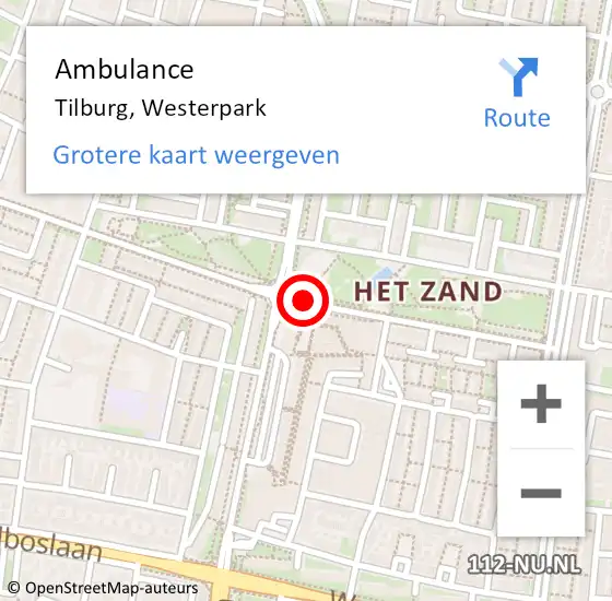 Locatie op kaart van de 112 melding: Ambulance Tilburg, Westerpark op 1 juni 2018 10:07