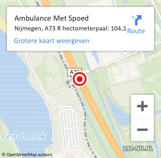 Locatie op kaart van de 112 melding: Ambulance Met Spoed Naar Nijmegen, A73 R hectometerpaal: 103,1 op 1 juni 2018 16:43