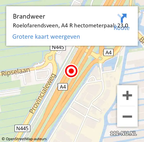 Locatie op kaart van de 112 melding: Brandweer Roelofarendsveen, A4 R hectometerpaal: 23,0 op 1 juni 2018 22:00