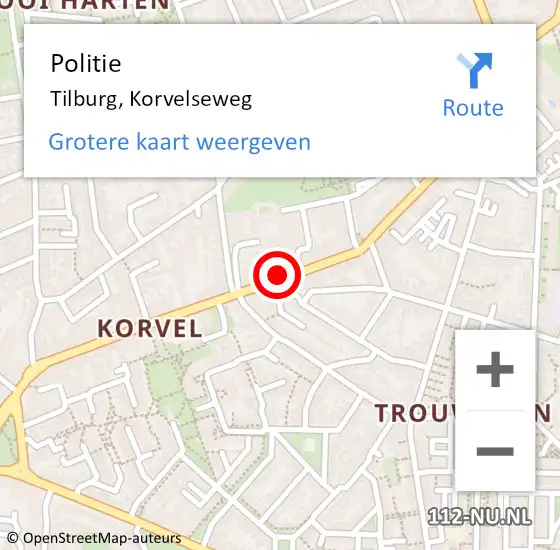Locatie op kaart van de 112 melding: Politie Tilburg, Korvelseweg op 4 juni 2018 09:10