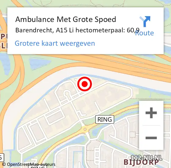 Locatie op kaart van de 112 melding: Ambulance Met Grote Spoed Naar Barendrecht, A15 Li hectometerpaal: 60,2 op 5 juni 2018 06:25