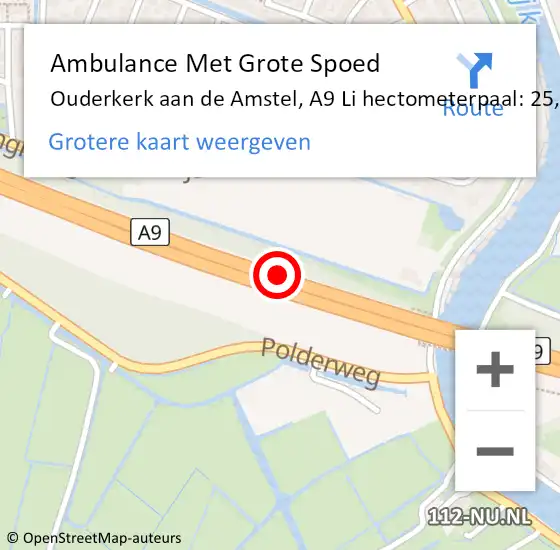 Locatie op kaart van de 112 melding: Ambulance Met Grote Spoed Naar Ouderkerk aan de Amstel, A9 Re hectometerpaal: 24,8 op 5 juni 2018 11:44