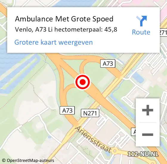 Locatie op kaart van de 112 melding: Ambulance Met Grote Spoed Naar Venlo, A73 Li hectometerpaal: 45,8 op 6 juni 2018 10:24