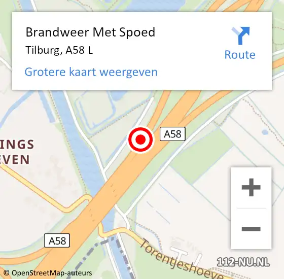 Locatie op kaart van de 112 melding: Brandweer Met Spoed Naar Tilburg, A58 L op 7 juni 2018 02:14