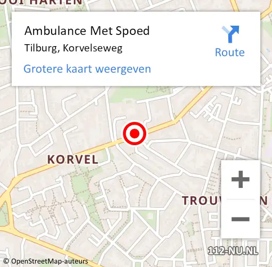 Locatie op kaart van de 112 melding: Ambulance Met Spoed Naar Tilburg, Korvelseweg op 7 juni 2018 16:03