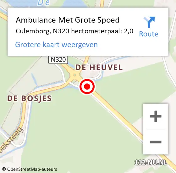 Locatie op kaart van de 112 melding: Ambulance Met Grote Spoed Naar Culemborg, N320 hectometerpaal: 2,0 op 27 februari 2014 07:57