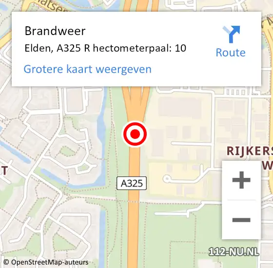 Locatie op kaart van de 112 melding: Brandweer Elden, A325 R hectometerpaal: 10 op 27 februari 2014 08:44