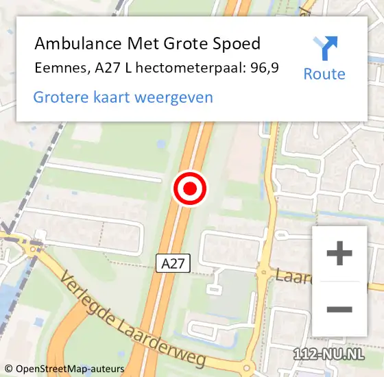 Locatie op kaart van de 112 melding: Ambulance Met Grote Spoed Naar Eemnes, A27 R hectometerpaal: 103,7 op 9 juni 2018 15:07