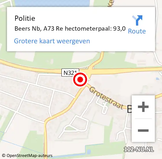 Locatie op kaart van de 112 melding: Politie Beers Nb, A73 Re hectometerpaal: 91,2 op 9 juni 2018 23:34