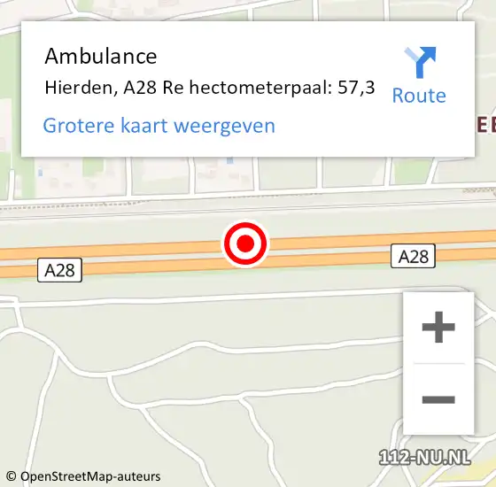 Locatie op kaart van de 112 melding: Ambulance Hierden, A28 Re hectometerpaal: 57,3 op 11 juni 2018 13:40