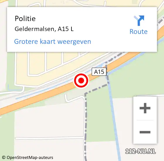 Locatie op kaart van de 112 melding: Politie Geldermalsen, A15 L op 11 juni 2018 16:27