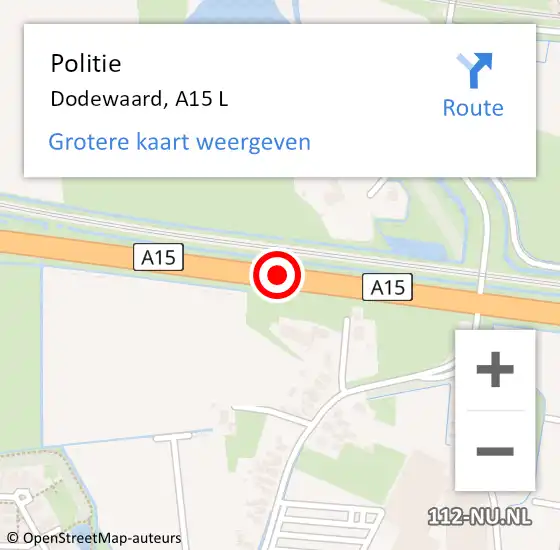 Locatie op kaart van de 112 melding: Politie Dodewaard, A15 L op 11 juni 2018 20:08