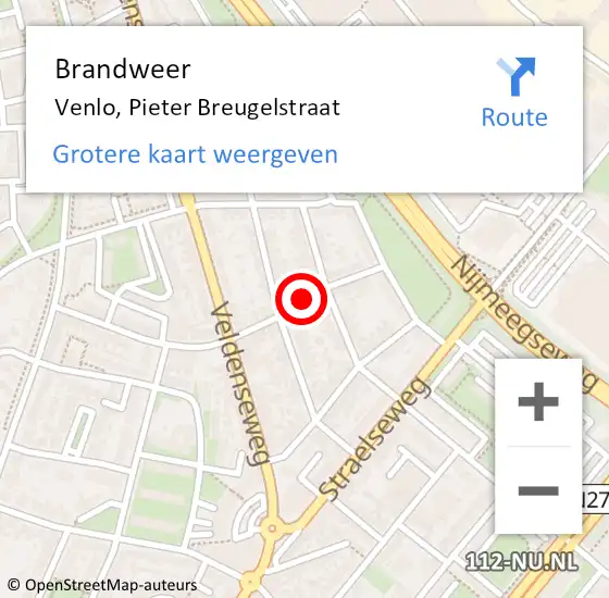 Locatie op kaart van de 112 melding: Brandweer Venlo, Pieter Breugelstraat op 11 juni 2018 20:31