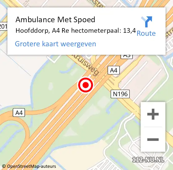 Locatie op kaart van de 112 melding: Ambulance Met Spoed Naar Hoofddorp, A4 Re hectometerpaal: 9,7 op 12 juni 2018 07:45