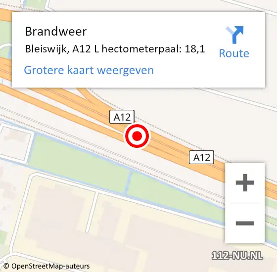 Locatie op kaart van de 112 melding: Brandweer Bleiswijk, A12 L hectometerpaal: 18,1 op 12 juni 2018 12:42