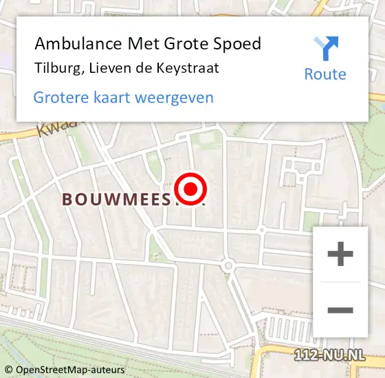 Locatie op kaart van de 112 melding: Ambulance Met Grote Spoed Naar Tilburg, Lieven de Keystraat op 13 juni 2018 06:27