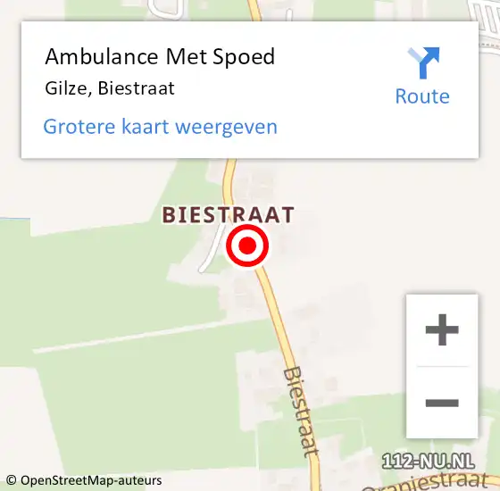 Locatie op kaart van de 112 melding: Ambulance Met Spoed Naar Gilze, Biestraat op 13 juni 2018 20:28