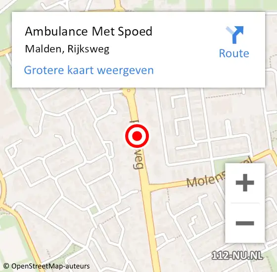 Locatie op kaart van de 112 melding: Ambulance Met Spoed Naar Malden, Rijksweg op 13 juni 2018 21:46