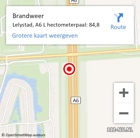Locatie op kaart van de 112 melding: Brandweer Lelystad, A6 L hectometerpaal: 84,8 op 14 juni 2018 09:45