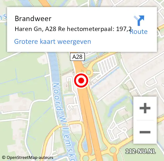 Locatie op kaart van de 112 melding: Brandweer Haren Gn, A28 Re hectometerpaal: 197,2 op 14 juni 2018 11:03
