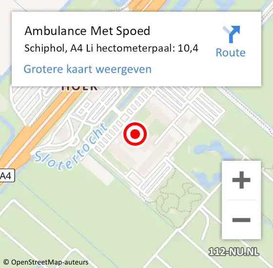 Locatie op kaart van de 112 melding: Ambulance Met Spoed Naar Schiphol, A4 Li hectometerpaal: 10,4 op 14 juni 2018 12:11