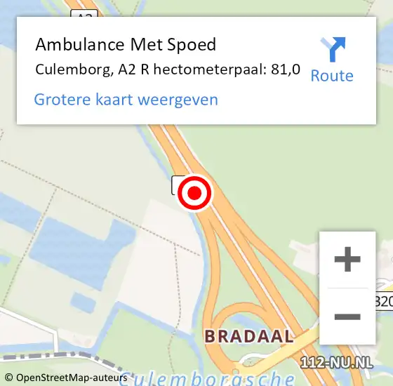 Locatie op kaart van de 112 melding: Ambulance Met Spoed Naar Culemborg, A2 R hectometerpaal: 81,0 op 14 juni 2018 17:29