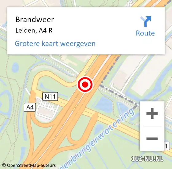 Locatie op kaart van de 112 melding: Brandweer Leiden, A4 R hectometerpaal: 32,6 op 15 juni 2018 12:59