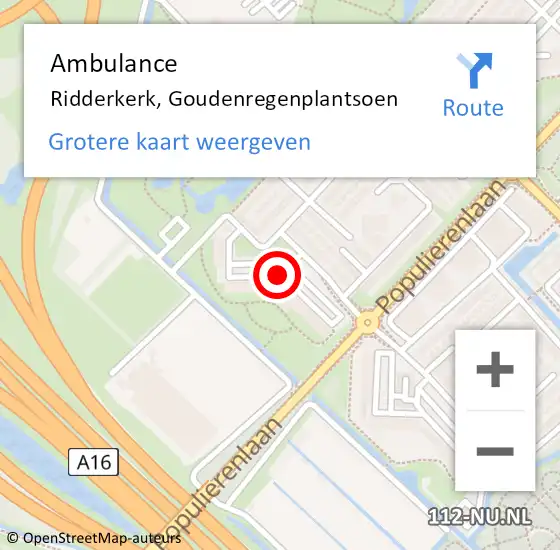 Locatie op kaart van de 112 melding: Ambulance Ridderkerk, Goudenregenplantsoen op 15 juni 2018 13:29