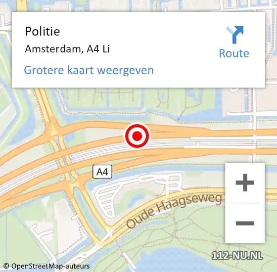 Locatie op kaart van de 112 melding: Politie Amsterdam, A4 Li op 15 juni 2018 16:39