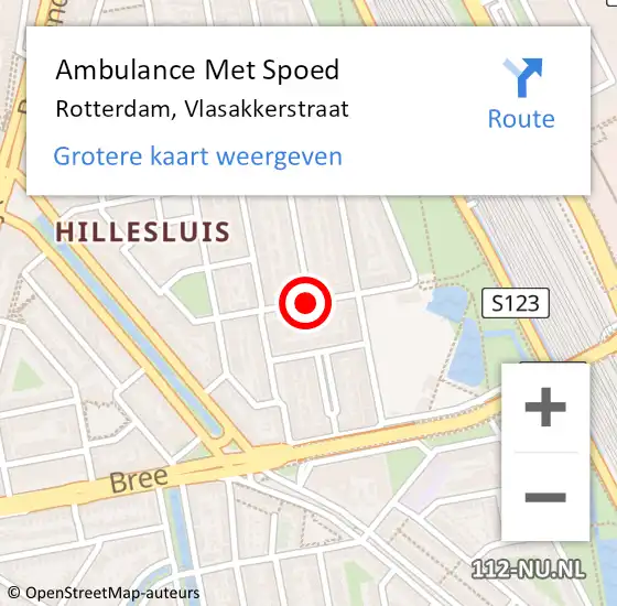 Locatie op kaart van de 112 melding: Ambulance Met Spoed Naar Rotterdam, Vlasakkerstraat op 16 juni 2018 09:18