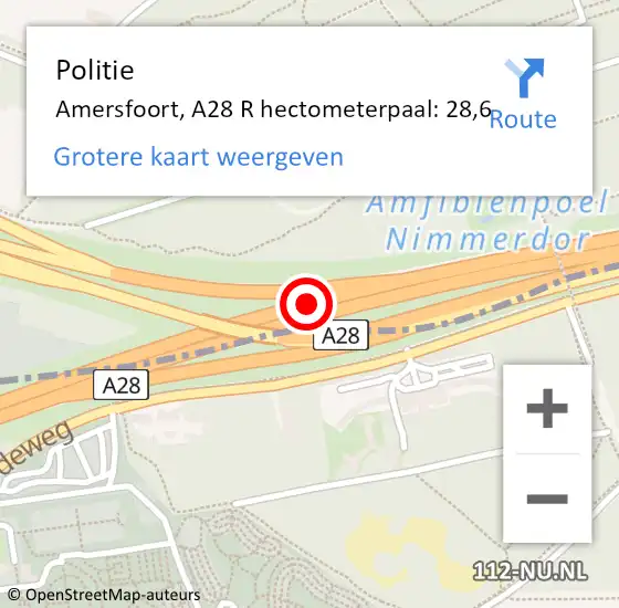 Locatie op kaart van de 112 melding: Politie Amersfoort, A28 R hectometerpaal: 26,9 op 16 juni 2018 14:29