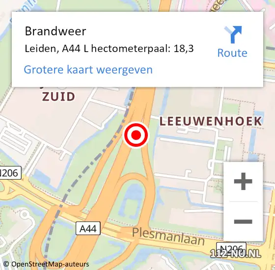 Locatie op kaart van de 112 melding: Brandweer Leiden, A44 L hectometerpaal: 18,3 op 16 juni 2018 23:55