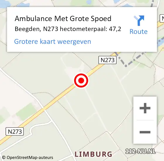 Locatie op kaart van de 112 melding: Ambulance Met Grote Spoed Naar Beegden, N273 hectometerpaal: 47,2 op 21 juni 2018 10:58