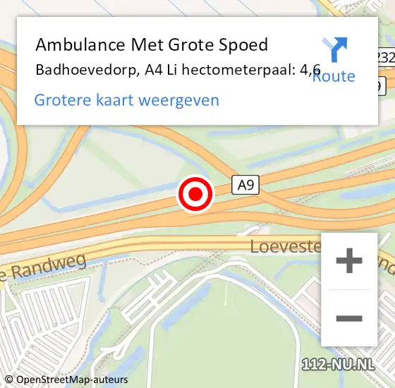 Locatie op kaart van de 112 melding: Ambulance Met Grote Spoed Naar Badhoevedorp, A4 Re hectometerpaal: 4,8 op 21 juni 2018 17:16