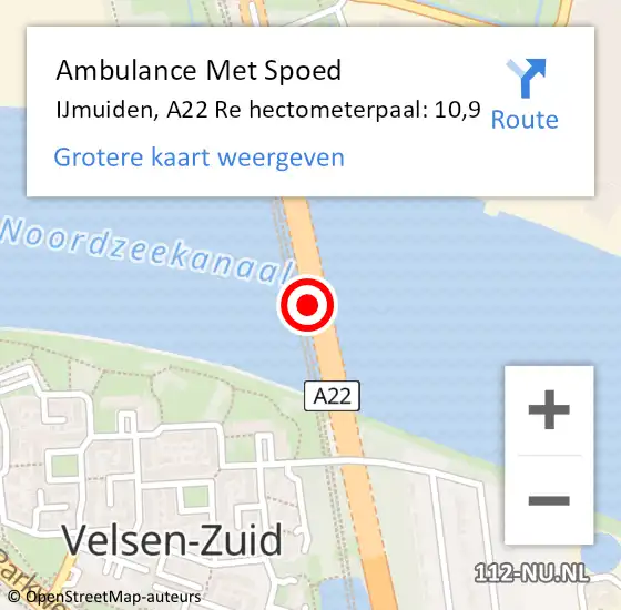 Locatie op kaart van de 112 melding: Ambulance Met Spoed Naar IJmuiden, A22 Re hectometerpaal: 10,9 op 22 juni 2018 03:46